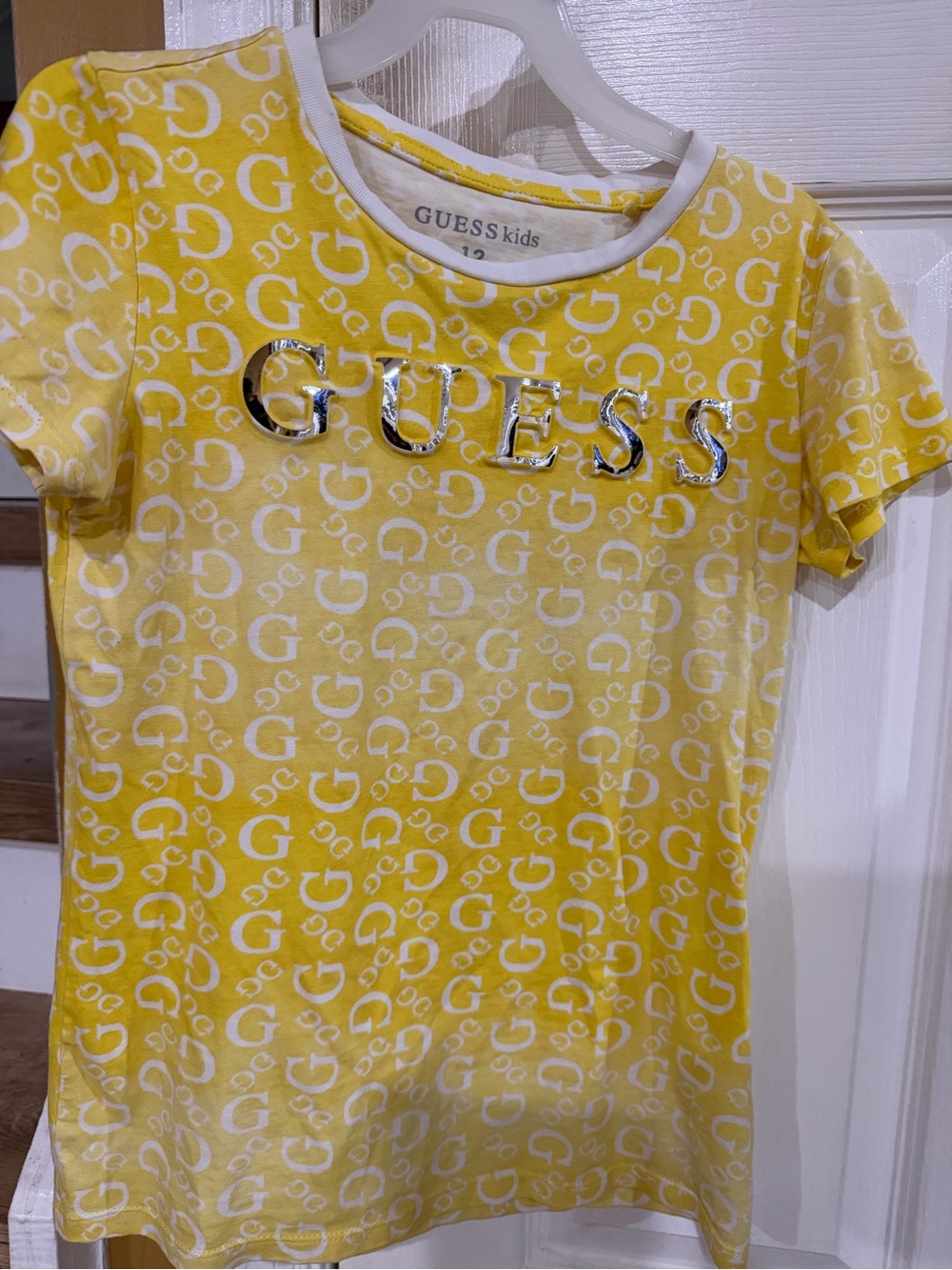 GUESS Kids Yellow Allover Logo Short Sleeve Tee with Shiny Silver Emblem